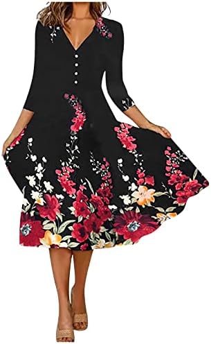 Vestidos Zefotim para Mulheres 2023 3/4 Manga Floral Summer Casual Boho Fit Midi Dress