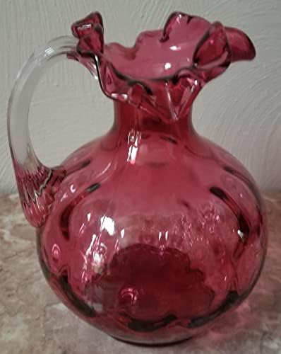 Fenton Art Glass Cranberry Pitcher com alça de cristal aplicada - Vintage EUA