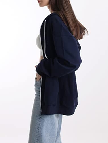 Tomlalel feminino com zíper ativo de capuz, jaqueta casual solta de tamanho grande, manga longa confortável