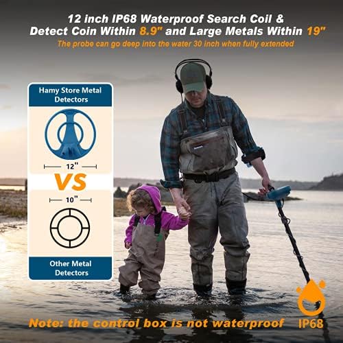 Detector de metais profissionais para adultos e crianças à prova d'água - 12 '' IP68 Bobina de pesquisa à prova