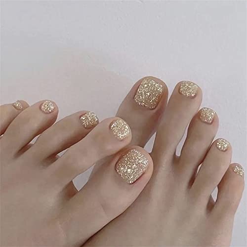 24pcs Pressione as unhas dos pés para mulheres e meninas Glitter Short Fake Pyenils com cola de unhas dos pés artificiais da cola pregos