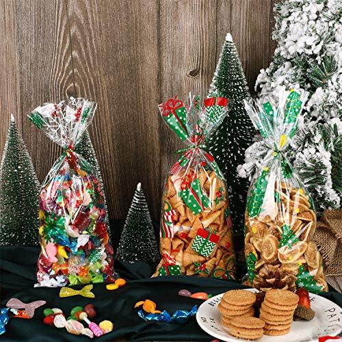 150 peças Sacos de celofane de Natal de Natal sacos de tratamento transparentes com estampa de árvore