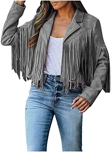 Jaqueta de couro ocidental Moda feminina de gola entalhada com falhas de fringed moto moto camurça casaco