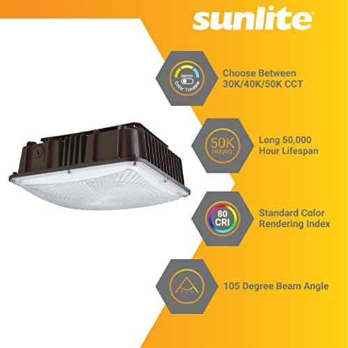 Sunlite 88129 luminária de dossel ao ar livre LED, potência ajustável 30w/40w/60w, 7800 lúmens,