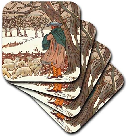 Ilustração vitoriana 3drose de pastor na neve de inverno com ovelhas - montanhas -russas macias,