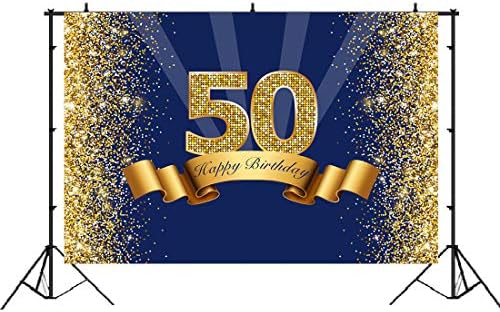Feliz 50º aniversário da festa de aniversário fotografia marinho azul e glitter dourado cenário