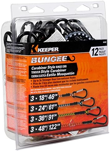 Keeper - Cordas de bungee de carabiner, 12 pacote em cores e tamanhos variados - 18 , 24, 36 e 48 Bungee