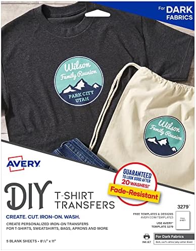 Transferências de camisetas para impressão Avery, para uso em tecidos escuros, jato de tinta,