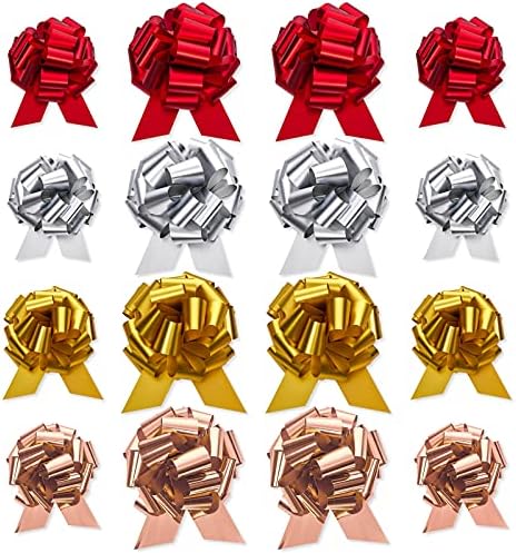 Uniqooo 48pcs Metallic Rose Gold, Red, Gold, Plact Pull Bow Conjunto, 6 polegadas de 4 '', fita