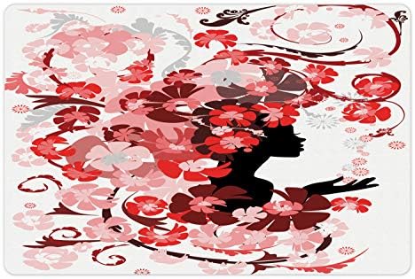 Ambesonne femimina tapete de animais de estimação para comida e água, cabelo de flor de flor longa flores rosa florescentes de cabelo feminino, retângulo de borracha sem deslizamento para cães e gatos, rosa preto e vermelho