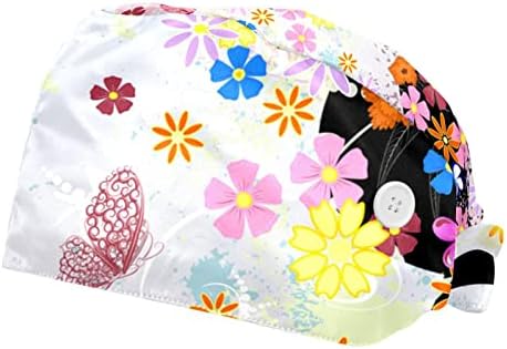 Menina de borboleta fada rosa com 2 peças florais Caps de trabalho ajustáveis ​​bonitos impressos de trabalho com botão bouffante tampa de turbante para mulheres homens