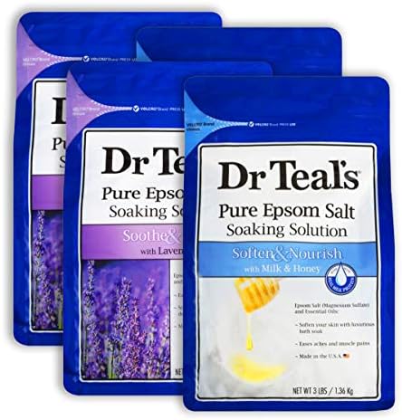 Dr. Teal's Epsom Salt Bath Combo 4-Pack, acalma e durma com lavanda e amolece e nutrir com leite e mel