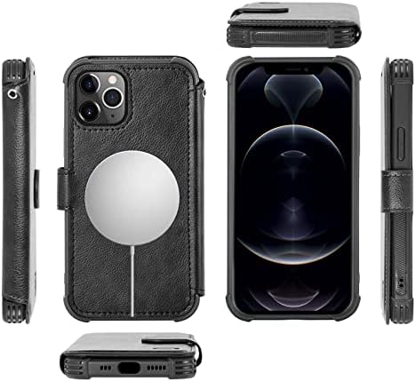 Vanavagy iPhone 13 Pro Max Wallet Case Magsafe, capa de telefone Folio Flip Flip suporta Magsafe e carregamento sem fio com o suporte para cartão de bloco RFID e pulseira de pulso, preto