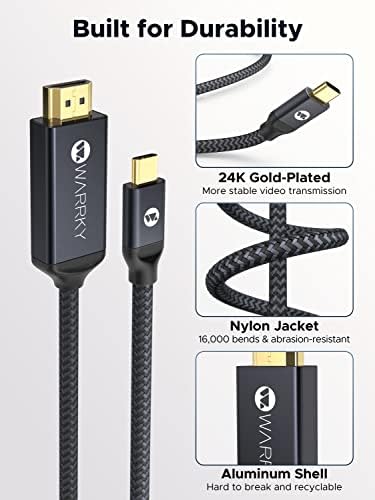 Warrky USB C a cabo HDMI 6 pés, 4k@60Hz HDR [casca de alumínio, plugue banhado a ouro] Tipo trançado