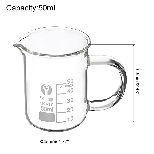 Patikil 50ml de copo de vidro com alça, 3,3 Borossilicate Glass Gradued Impred Scalle Medice Cups com bico para líquidos de laboratório de cozinha ebulição de trânsito