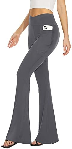 Calça de ioga preta feminina feminina, crossover com cintura alta leggings de bota de bota de cintura