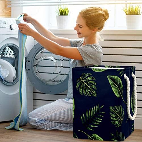 Indicultura de lavanderia cesto tropical folhas azul marinho colapsível cestas de lavanderia