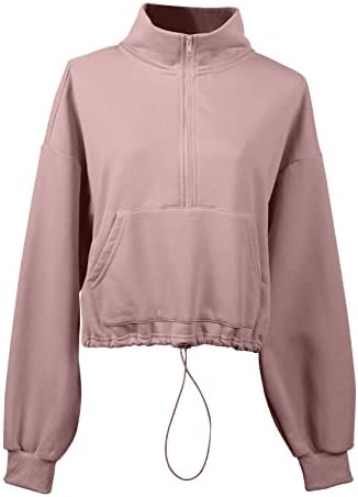 Flygo Womens Crop Half Zip Pullover Workout Big Pocket Pocketshirt Fleece Filed Sweater Tops Tops com buraco de polegar