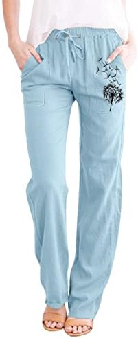Calça de perna larga de linho Kcjgikpok, calça de linho de cordão elástico sólido com cintura