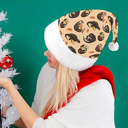 Lontras minúsculas e seu chapéu de Natal de sushi, macio de pelúcia, gorro engraçado para a festa