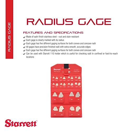 Starrett Radius Gage Decimal -Ints Conjunto para raios convexos e côncavos - aço inoxidável, 26 medidores.010-.025 Radius Gage, Inch Reading - SD167GZ
