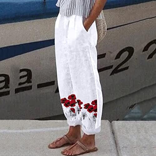 Dkkinjom Bohemian Beach Pants Women Women Comfy Cotton Linen Harem Pants Floral Print Loose Capri Palazzo Trouser com bolsos