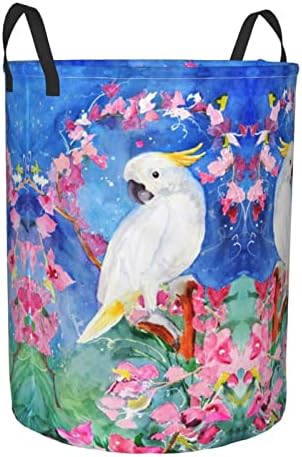 Belo cesto de lavanderia redonda de flores de pássaro cockatoo, roupas grandes, armazenamento de pano oxford,