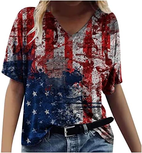 American Flag Patriótico Camisas para mulheres Blusa de férias V Neck de grande tamanho 4º de julho