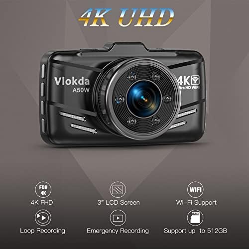 Dash Cam 4K WiFi 2160p Dash Camera para carros, câmera de carro Dash Cam Front com App, Dashcams para carros com visão noturna, gravação de loop, Modo de estacionamento de 24 horas, G-Sensor, Suporte 512 GB máx.