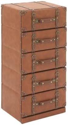 Deco 79 Couro de couro falso de madeira 5 baú com detalhes de fivela e cinta, 16 x 14 x 35 , marrom