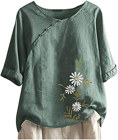 Camisas de linho de algodão para mulheres, botão de manga curta feminina no topo do verão Floral Print Crewneck