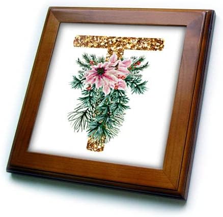 3drose rosa Poinsettia Imagem do Gold Glitter Christmas Monogram. - ladrilhos emoldurados