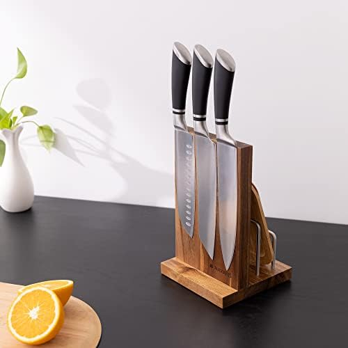 Bloco de faca Navaris e suporte da placa de corte - Bloco de faca magnética sem facas - Acacia Wood Stand para balcão de cozinha - armazenamento de economia de espaço