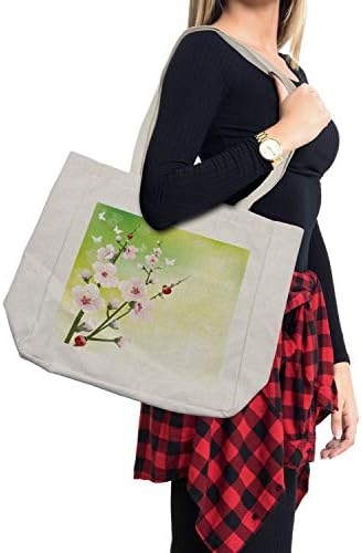 Bolsa de compras de Ladybugs de Ambesonne, flores florescendo no campo e joaninhas de ladras de folhas japonesas gráficos natura