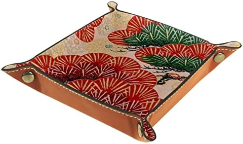 Bandeja de manobrista de couro, bandeja de dados suporte quadrado dobrável, placa organizadora de cômodos para trocar a chave da moeda, japonês Red Green Cypress Art Vintage