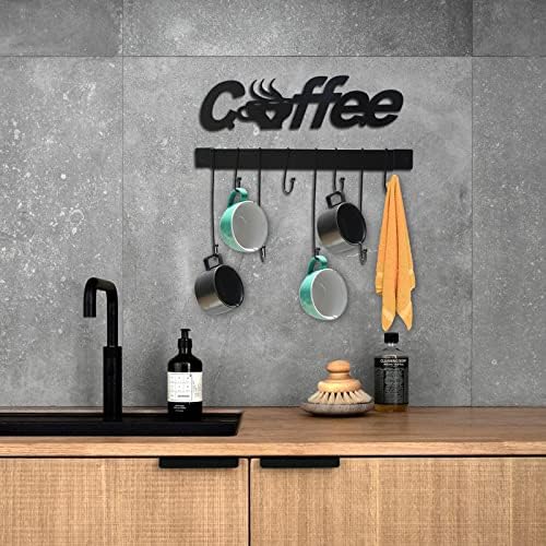 Suporte de caneca de café Montagem de parede com 8 ganchos para o organizador da xícara e com sinal de café de metal extra para decorar sua casa de parede, cozinha, café, 2 em 1 atende sua necessidade