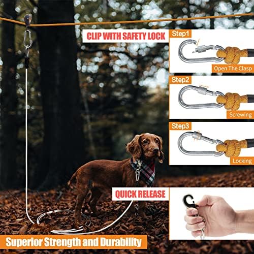 Petest Reffortive Dog Tie Out Cable Cable Runley Runner para cães de até 125 libras de cachorro chumbo para quintal