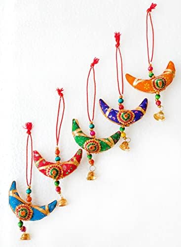 Rastogi Handicrafts Star Bell e Half Moon pendurada conjunto de 5 ornamentos decorativos de festa de Natal em
