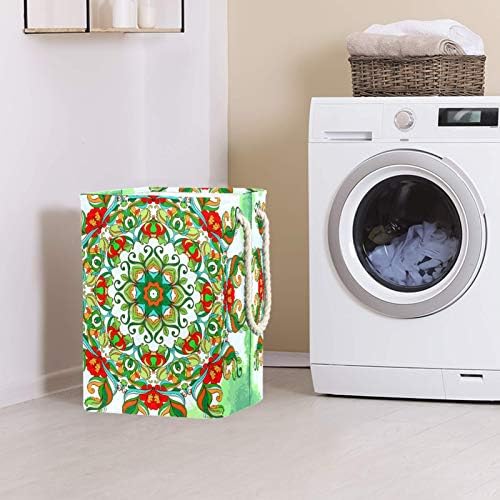 Mapolo Lavanderia cesto verde Trippy Mandala floral dobrável cesta de armazenamento de lavanderia com alças suportes destacáveis ​​bem segurando à prova d'água para roupas de brinquedos de roupas no quarto da lavanderia