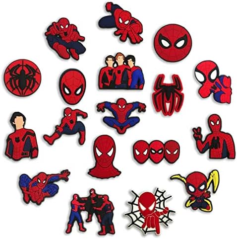 Banjahan Spiderman Croc Charms para homens e meninos, pacote de calçados de desenhos animados de 18pcs com botões, pinos legais de super -heróis para adultos, jóias de decoração de sapatos, entupimento de luxo