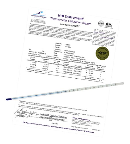 SP BEL-ART, H-B Durac Plus ASTM S62F-03 Termômetro de laboratório líquido em vidro calibrado individualmente;