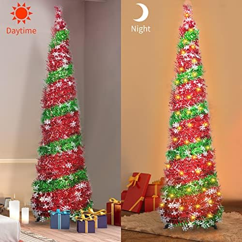Árvore de Natal Pop Up de 5 pés com 100 luzes LED, Prelit Tinsel Artificial Christmas Tree com