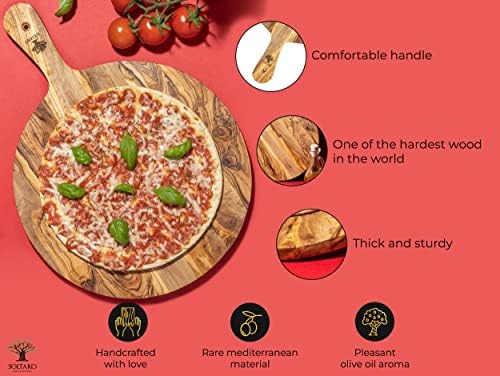 Soltako Olive Wood Pizza Constated, bandeja de servir, girando a casca de pizza com alça confortável, tábua de queijo de madeira, placa de charcutaria, tábua robusta, madeira de azeitona autêntica, 12.6