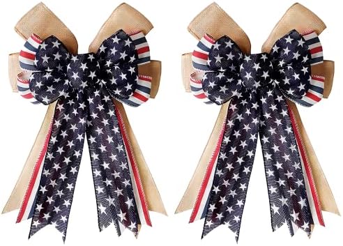 Grande coroa de arco patriótico 4 de julho decoração American Bandle Bow para Red Outdoor Red com estrelas azuis