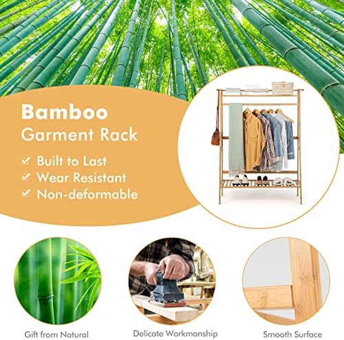 Rack de roupas de bambu de 3 camadas Giantex 3 com prateleiras, rack de organizador de roupas independentes pesadas com ganchos de casaco, dispositivo anti-toppling, cabide de pano em pé para pendurar roupas para pendurar roupas