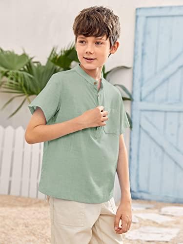 Inorin Boys Butrow Up Henley camisa de manga curta Camisas de vestido de algodão de linho de verão camisetas