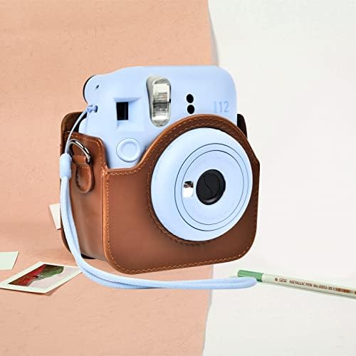 Caso de proteção compatível com Instax Mini 12 Câmera instantânea, bolsa de capa de armazenamento portátil de viagem para Polaroid Mini 12 com fotos de bolso e pulseira de ombro ajustável -Brown