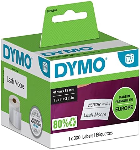 Dymo Authentic LabelWriter Small Name Badge Rótulos | 41 mm x 89 mm | Auto-adesivo | Rolo de 300 rótulos de pee fáceis | Para fabricantes de etiquetas de etiqueta de gravadores | Feito na Europa