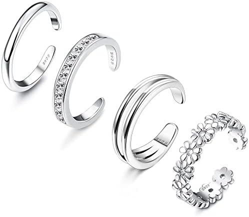 Adramata 4 pcs 925 anéis de dedo de pé de prata esterlina para mulheres abertas de jóias de anéis de