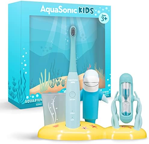 Aquasonic Kids Sonic Electric dentes escova para idades mais de 3 anos | 2 cabeças de pincel, brinquedo,